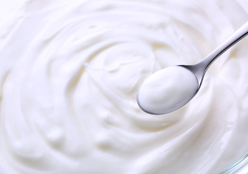 Bowl of yogurt with a spoon scoping up yogurt 